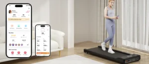A woman on a walking pad in her living room.